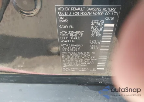 2016 Nissan Rogue S/Sl/Sv z USA, uszkodzony, nr VIN KNMAT2MVXGP698146